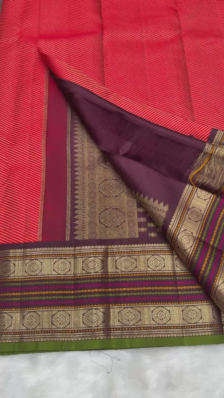 Chilli Red Vintage Kanjeevaram Saree with Crossectional lines & Rich Meena Border